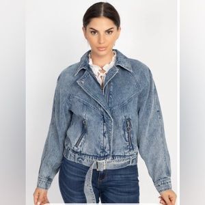 Gina Ripped Hem Belted Denim Jacket